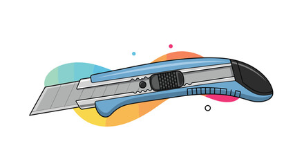 Fototapeta premium Utility knife with a blue handle and retractable metal blade shown with abstract colorful wavy background elements for tool design.