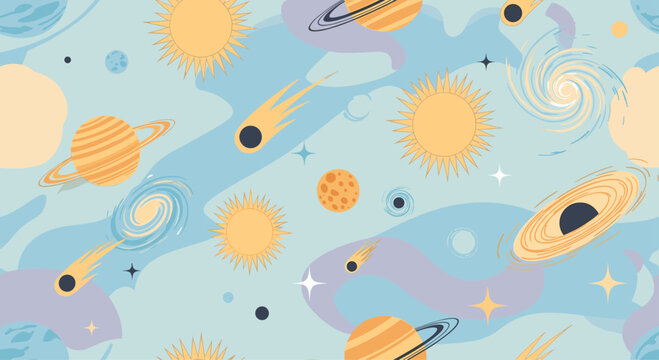 Seamless cosmic galaxy pattern with glowing suns planets orbits and swirling galaxies on a soft blue-grey celestial background.