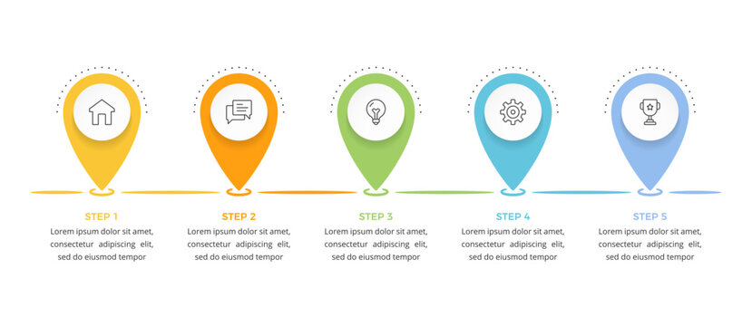Horizontal process infographic template with five colorful map pointer markers, designed as a clean and professional roadmap for business strategy, project milestones, or workflow sequences