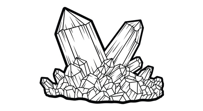 Cluster of sharp crystal shards and mineral formations is depicted in a detailed hand drawn black and white line art style.