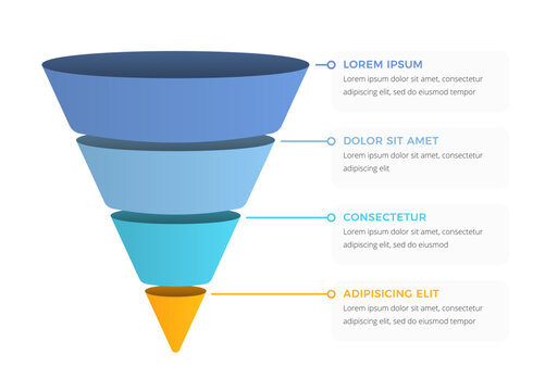 Funnel infographic template features four stages for visualizing marketing strategies or sales processes in business presentations and professional reports