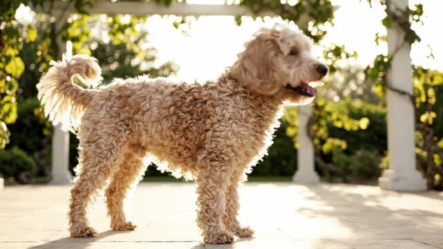 Joyful beige mini goldendoodle standing under garden pergola, backlit outdoor animal scene with leafy background, fluffy curls, raised tail, open mouth smile, premium summer backyard lifestyle