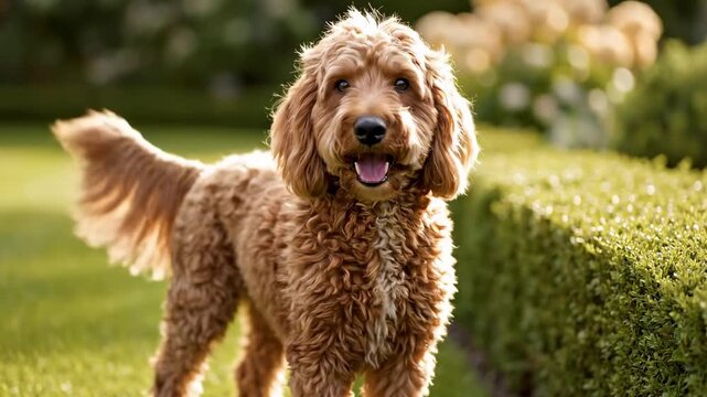 Fluffy apricot mini goldendoodle strolling beside trimmed garden hedge, elegant backyard dog scene with green lawn, warm sunlight, lifted tail, curly coat texture, refined home garden setting