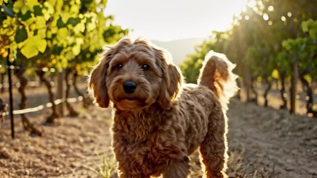 Golden apricot mini goldendoodle walking between vineyard rows at golden hour, cinematic rural dog scene with grape leaves, dusty soil, soft hills, warm backlight, adventurous countryside mood