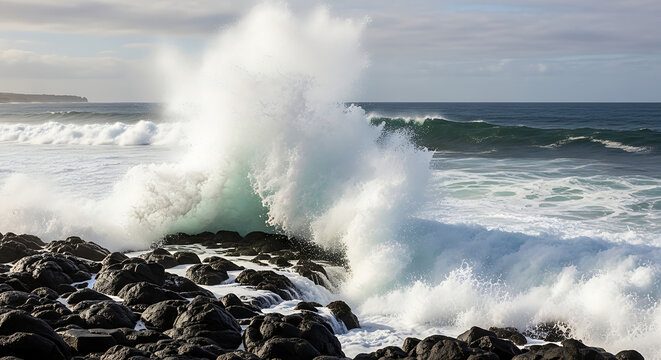 Crashing ocean wave breaking against dark volcanic rocks on a coastline with spray and foam, dynamic sea motion and power, dramatic coastal seascape