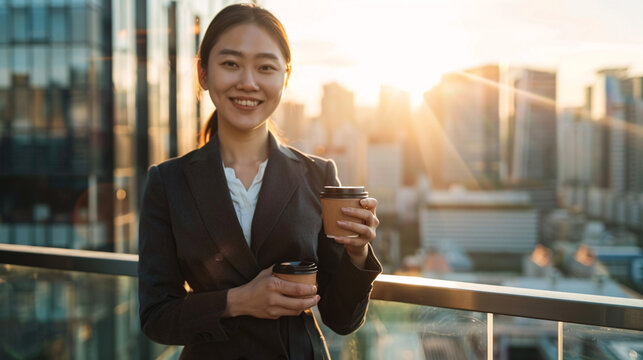 Successful Asian business professional enjoying a morning coffee on a balcony with a city view, representing a positive start to a productive workday.
