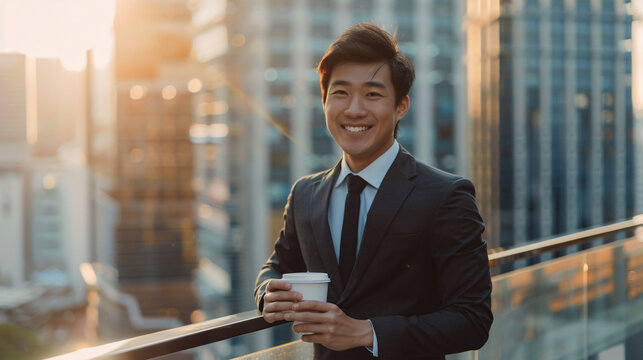 Successful Asian business professional enjoying a morning coffee on a balcony with a city view, representing a positive start to a productive workday.