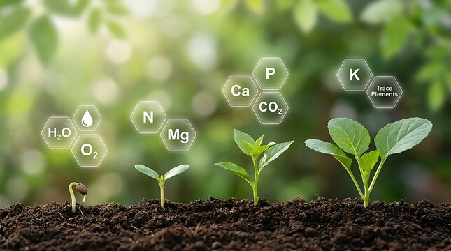 Seedling Growth Stages with Essential Nutrients Represented by Icons, Illustrating Plant Development and Soil Nutrition in a Lush Garden Setting