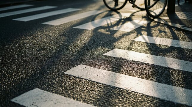Bicycle shadows on white crosswalk stripes at sunset