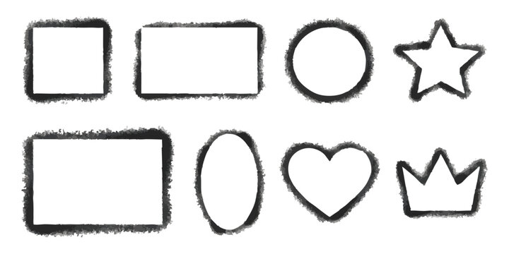 Set of black hand drawn spray paint shapes with square circle heart star and crown frames for design