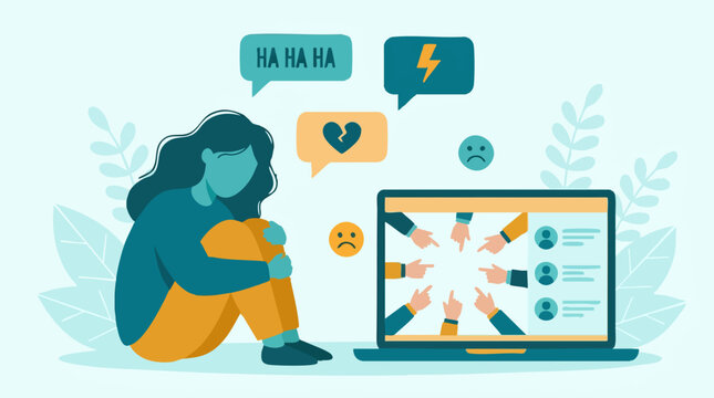 Sad person suffering from cyberbullying and online harassment on laptop