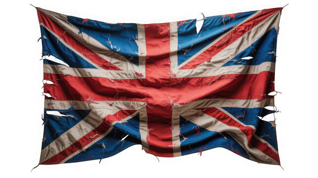 Tattered and torn united kingdom union jack flag representing crisis or isolated on transparent background