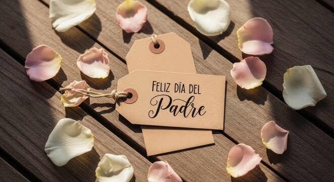 Romantic wedding decor peach tag with calligraphy amidst rose petals