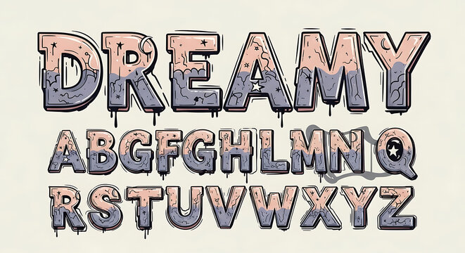 Pixelated alphabet letters with a dreamy, dripping effect and textured surface, rendered in muted pastel colors with a subtle outline, suitable for playful or retro design themes