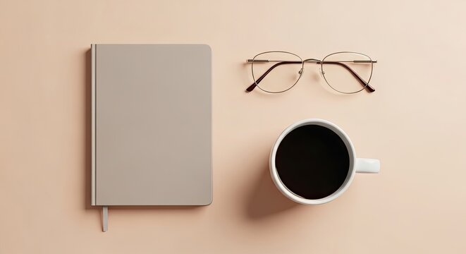 Minimalist still life notebook glasses and coffee on a neutral background