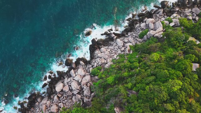 Aerial View of Rocky Tropical Coastline with Jungle Ko Tao Thailand