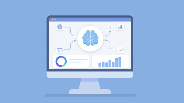 Clean animation of a desktop monitor displaying AI analytics dashboard with cloud data workflow, connected nodes, and charts, representing machine learning and digital systems.