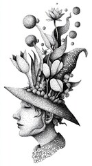 Fototapeta premium Vertical composition, hand-drawn stippling art of a quirky witchs head with abstract shapes, flowers and small stippled spiders sprouting from her hat, whimsical doodle, ink on paper