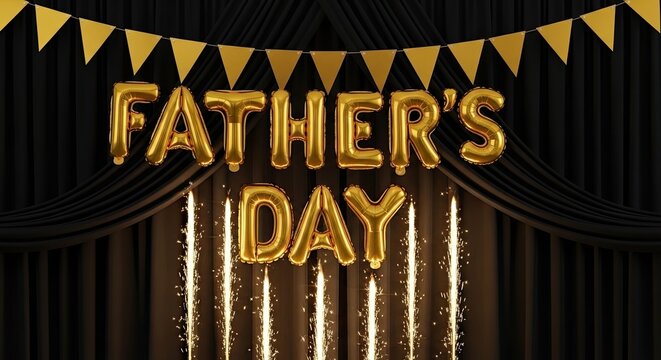 Golden father's day celebration balloons banners and festive decorations