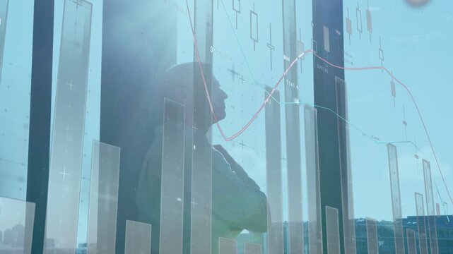 Exec man shifting, studying candlestick through glass when charts start animating, analyzing market