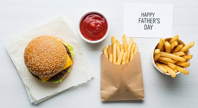 Classic fast food meal burger fries and ketchup on white surface