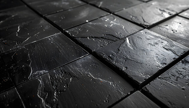 Matte black ceramic tiles featuring a dark slate surface with faint chalk dust smears creating a realistic and interactive creative texture generative AI