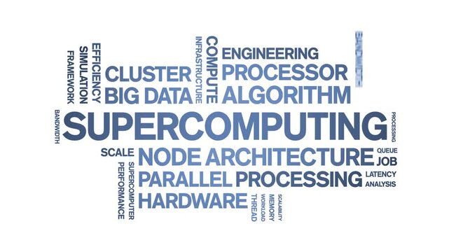 Supercomputing animated word cloud-text design animation tag kinetic typography seamless loop.