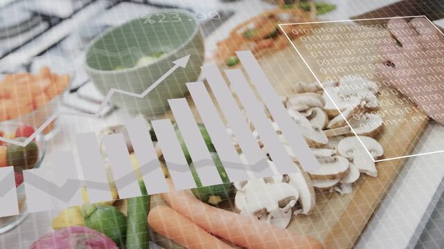 Home cook's hands entering frame, slicing veg while HUD charts and lists updating for food prep
