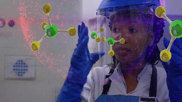 Woman lab tech touching visor, tracking 3D molecule models approaching lens, framing and inspecting
