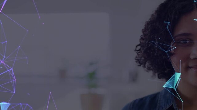 Camera shifting, woman revealing face in kitchen, tech network overlaying glasses, causing smile