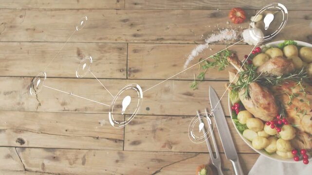 Left node sparking HUD nodes moving, spinning, linking toward roast and utensils, highlighting food