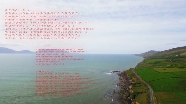 Drone beginning pan, red code blocks shifting across sea and shore, visualizing coastal data