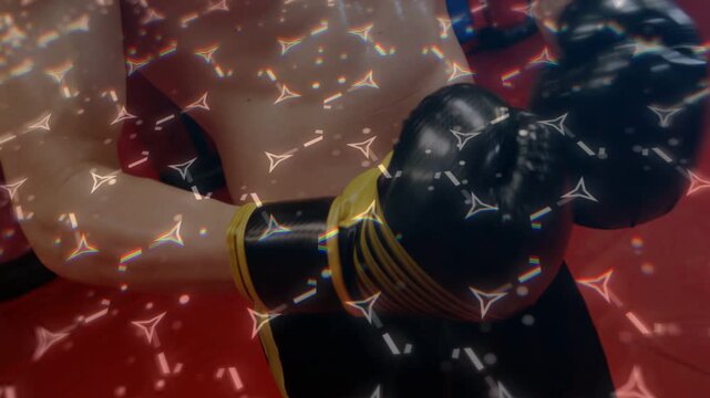 Teen boxer adjusting gloves raising guard as camera shifting flares crossing boxer prepping stance
