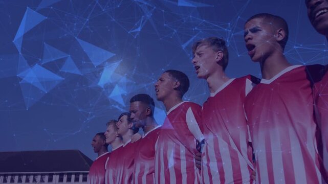Team arm-in-arm in jerseys singing sports chant as camera shifting sparking build with blue overlay