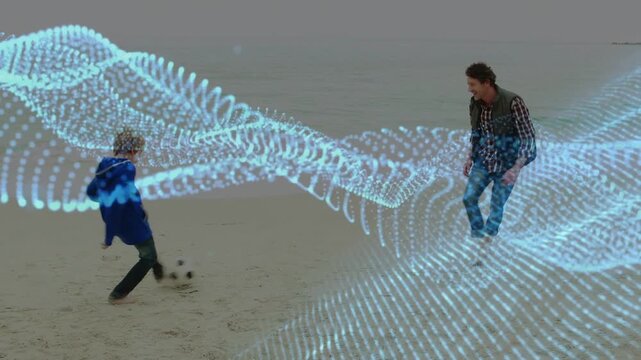 Child touching soccer ball, starting sport; adult tapping and chasing sand, dotted wave obscuring