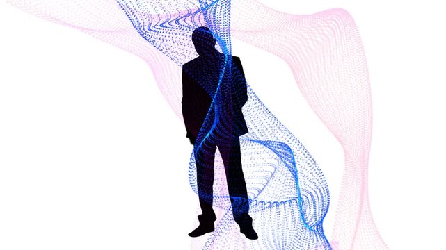 Man in suit holding smartphone causing dotted ribbon wrapping while pivoting showing business flow