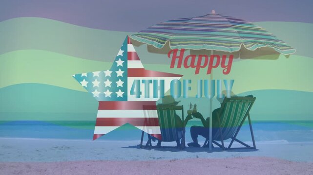 Couple sitting by umbrella toasting, sparking star sliding in creating 4TH JULY greeting overlay
