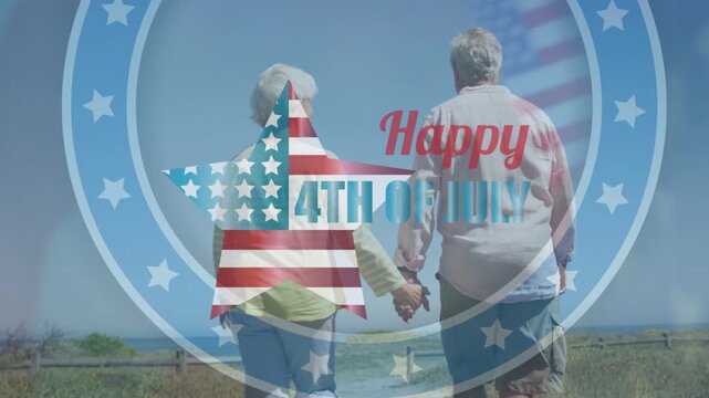 Senior couple walking sandy path toward sea, overlays appearing with badge and flag urging voting