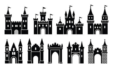 Naklejka premium Collection of Black Silhouette Castle and Fortress