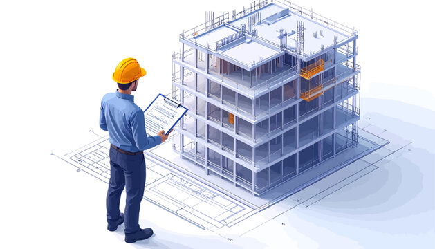 Isometric 2.5D rendering of a construction worker inspecting blueprints of a modern building under development, showcasing architectural planning and site management