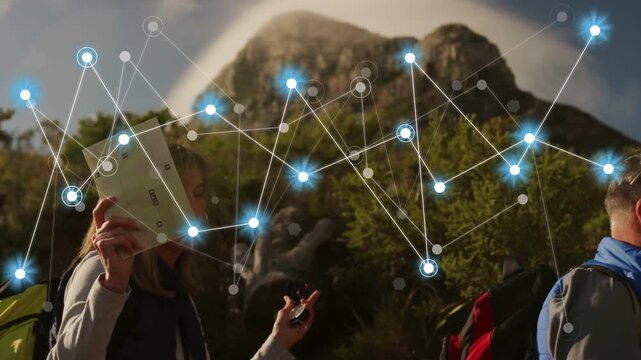 Man leading while woman raising map, navigating route, activating node network expanding over peak