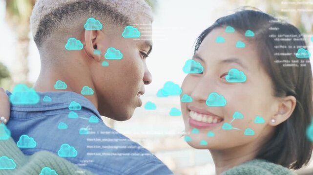 Marketing shot with couple on pier, clouds and text lines appearing, woman turning, revealing face