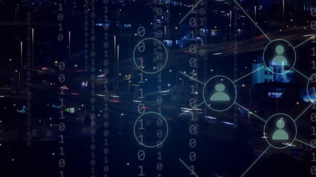 Binary digits falling, user icons linking and pulsing, visualizing network flow over highway lights