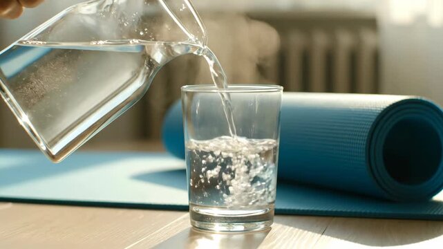 Pouring Fresh Water into Glass Next to Yoga Mat for Morning Wellness Routine, 4K
