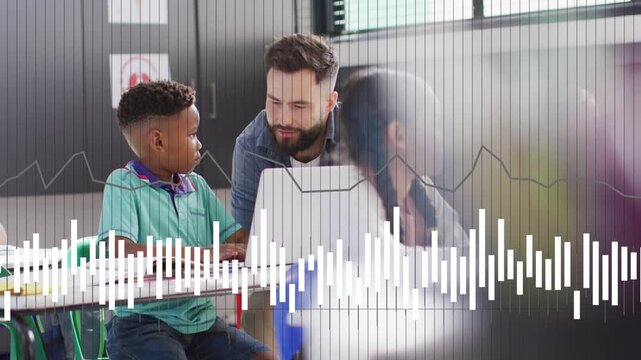 Teacher leaning and gesturing at tablet, helping student in classroom with waveform overlay