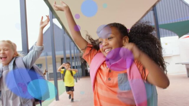 Lead girl leading classmates running at school, cheering, backpacks bouncing, blue bubbles layering