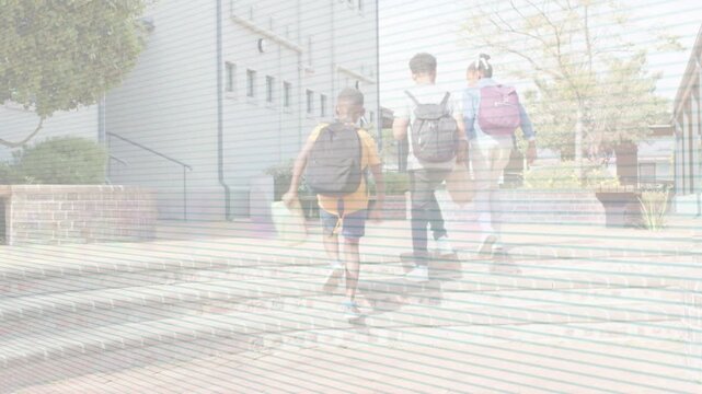 Three students entering right, walking steps toward school with packs, animated line tracing route