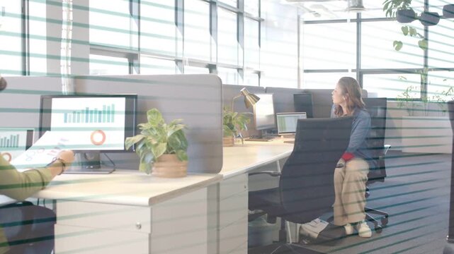 Woman shifting, standing and walking in business office, animated charts tracing steps to show data