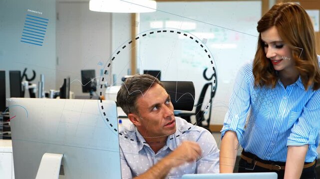 Woman showing laptop content, pointing and guiding man through business charts for review