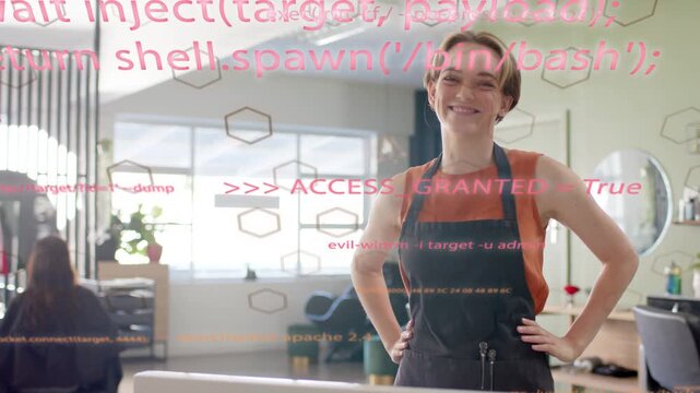 Stylist uncrossing arms after code overlay reading ACCESS GRANTED, revealing salon and smiling